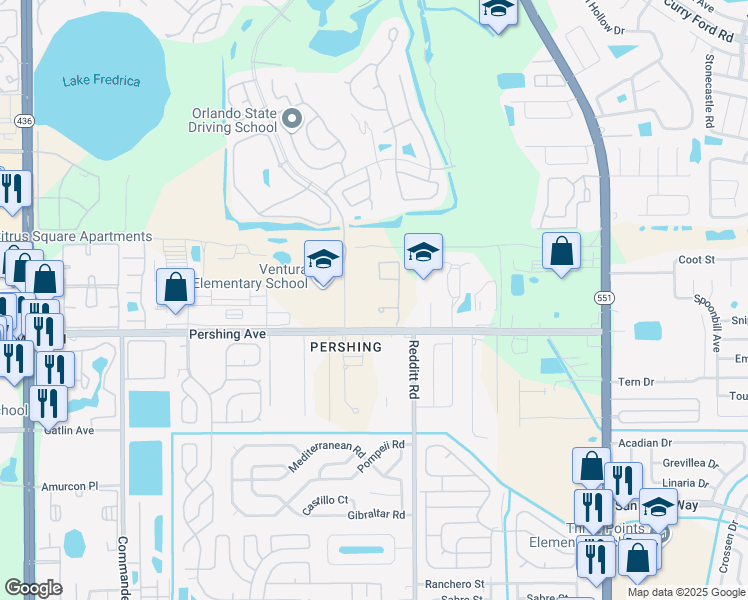 map of restaurants, bars, coffee shops, grocery stores, and more near 4415 Hector Court in Orlando