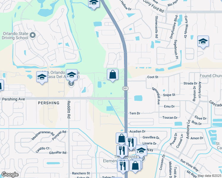 map of restaurants, bars, coffee shops, grocery stores, and more near 3112 South Goldenrod Road in Orlando