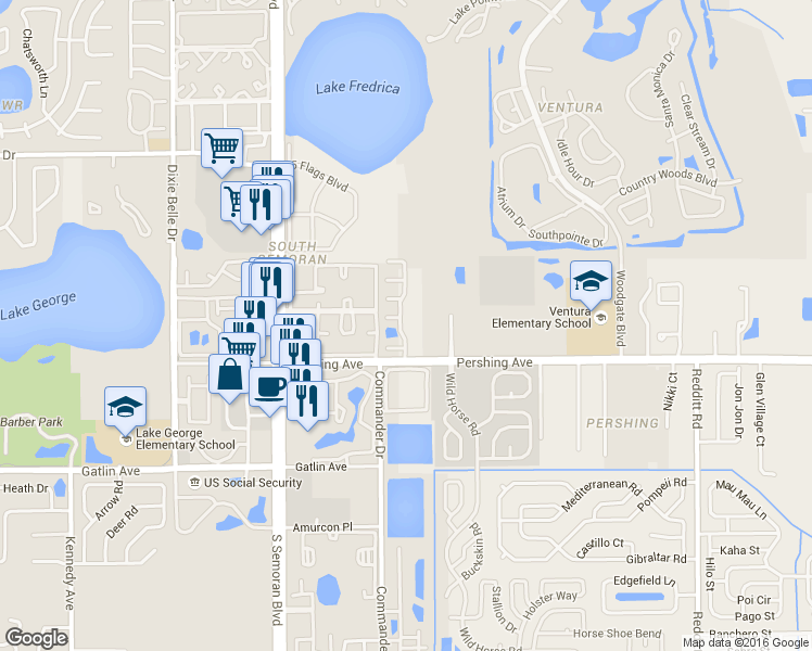 map of restaurants, bars, coffee shops, grocery stores, and more near 6003 Pershing Avenue in Orlando