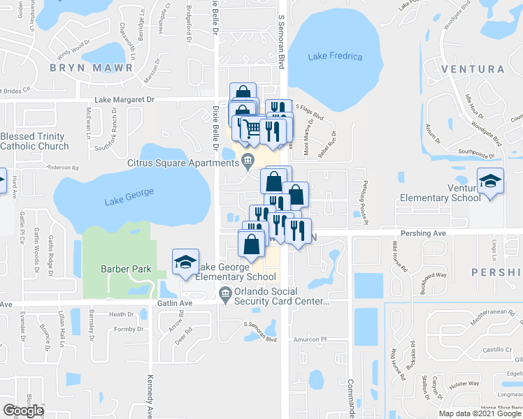 map of restaurants, bars, coffee shops, grocery stores, and more near 4350 Perkinshire Lane in Orlando