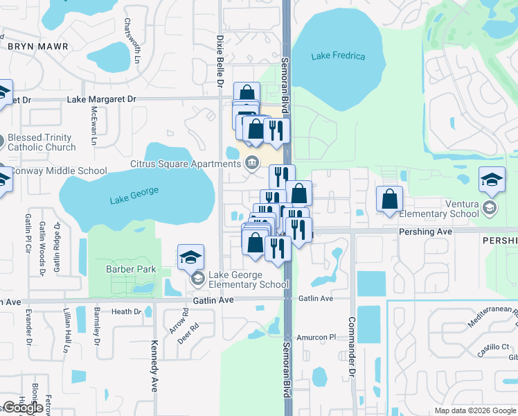 map of restaurants, bars, coffee shops, grocery stores, and more near 4350 Perkinshire Lane in Orlando