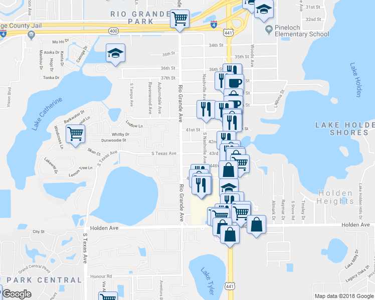 map of restaurants, bars, coffee shops, grocery stores, and more near 1515 43rd Street in Orlando