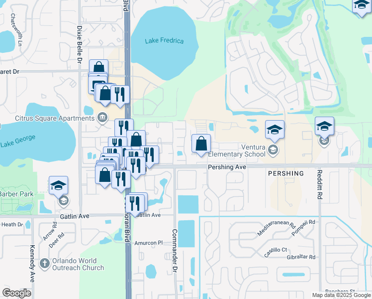 map of restaurants, bars, coffee shops, grocery stores, and more near 6003 Pershing Avenue in Orlando