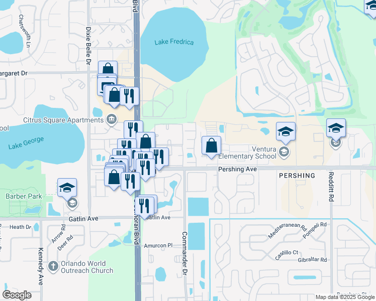 map of restaurants, bars, coffee shops, grocery stores, and more near 4252 Pershing Pointe Place in Orlando