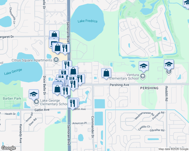 map of restaurants, bars, coffee shops, grocery stores, and more near 4252 Pershing Pointe Place in Orlando