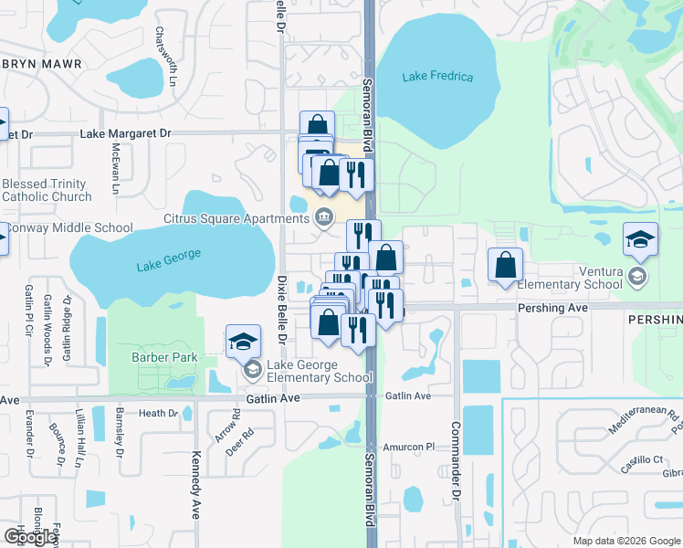 map of restaurants, bars, coffee shops, grocery stores, and more near 4350 Perkinshire Lane in Orlando