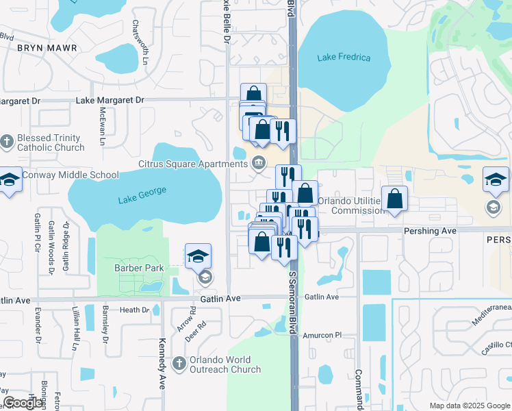 map of restaurants, bars, coffee shops, grocery stores, and more near 4350 Perkinshire Lane in Orlando