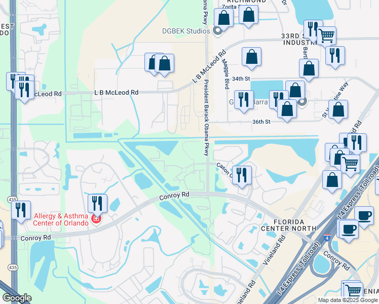 map of restaurants, bars, coffee shops, grocery stores, and more near 4828 Cason Cove Drive in Orlando