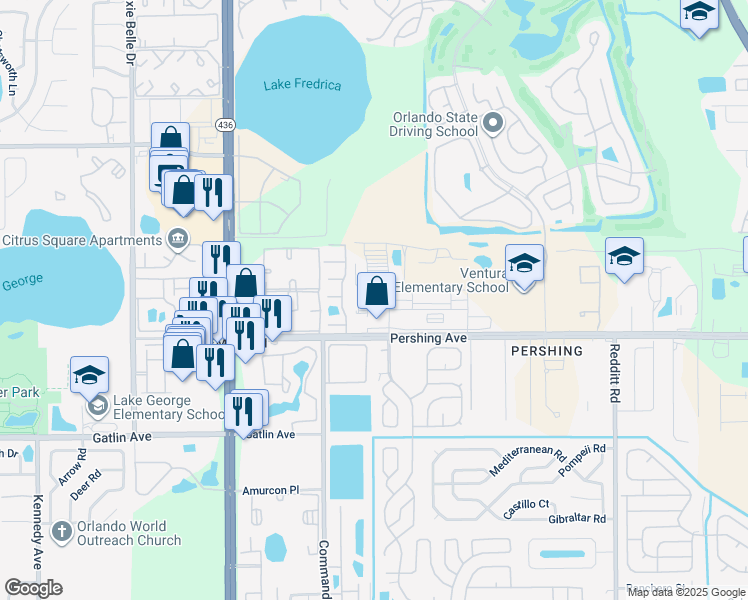 map of restaurants, bars, coffee shops, grocery stores, and more near 6003 Pershing Avenue in Orlando