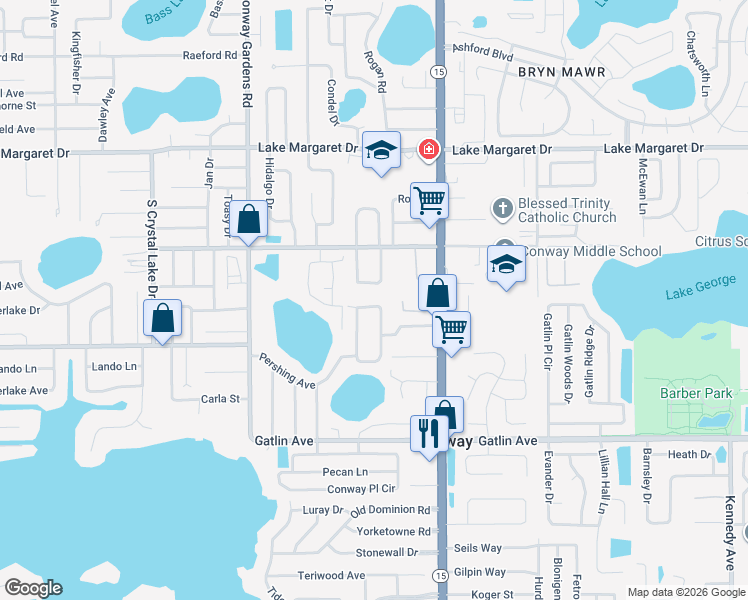 map of restaurants, bars, coffee shops, grocery stores, and more near 3600 Oakview Drive in Orlando