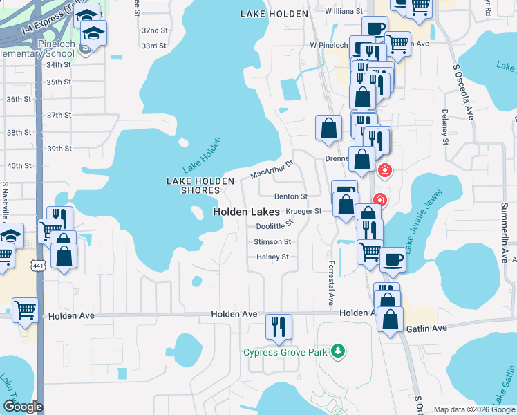 map of restaurants, bars, coffee shops, grocery stores, and more near in Holden Lakes