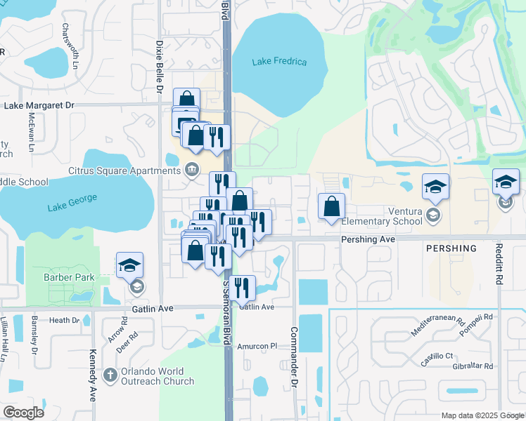 map of restaurants, bars, coffee shops, grocery stores, and more near 4403 South Semoran Boulevard in Orlando