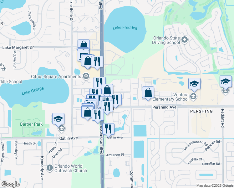map of restaurants, bars, coffee shops, grocery stores, and more near 4403 South Semoran Boulevard in Orlando