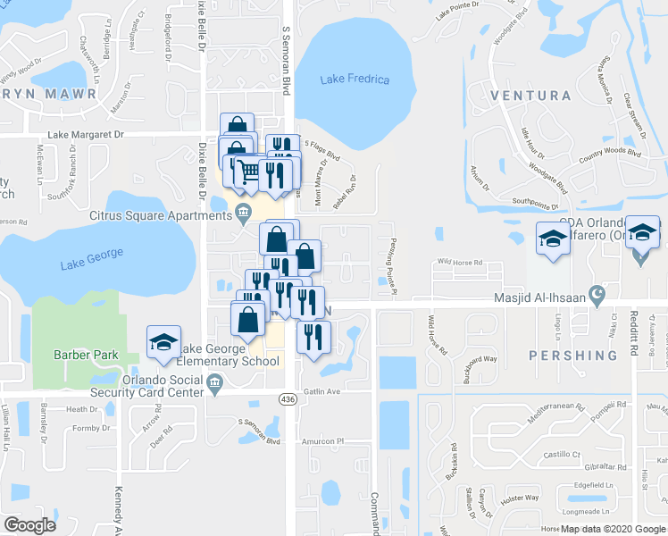 map of restaurants, bars, coffee shops, grocery stores, and more near 4403 South Semoran Boulevard in Orlando