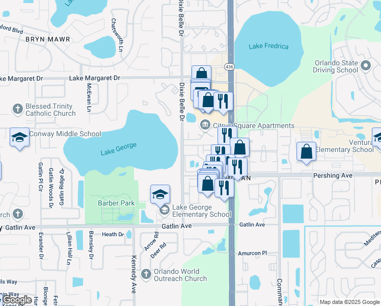 map of restaurants, bars, coffee shops, grocery stores, and more near 5530 Chrishire Way in Orlando