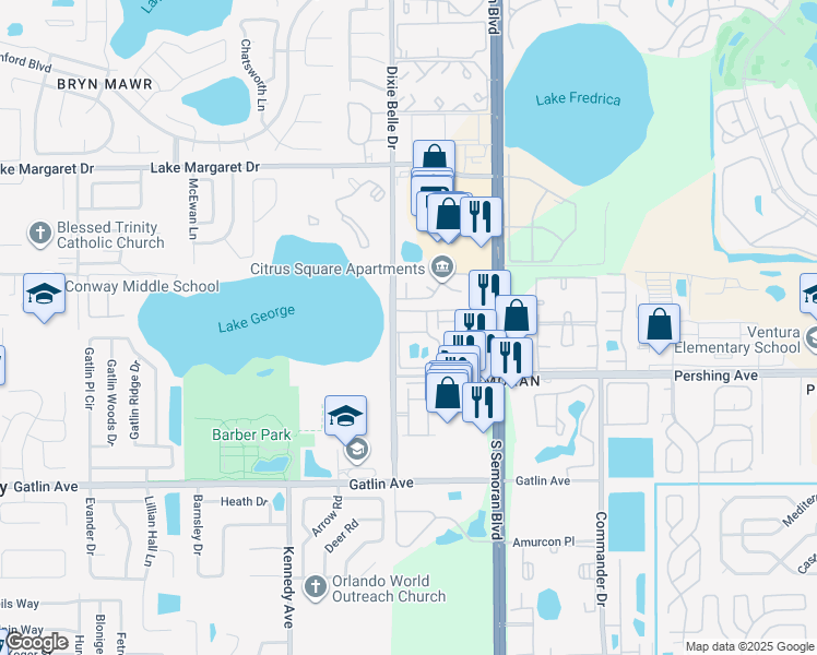map of restaurants, bars, coffee shops, grocery stores, and more near 5530 Chrishire Way in Orlando