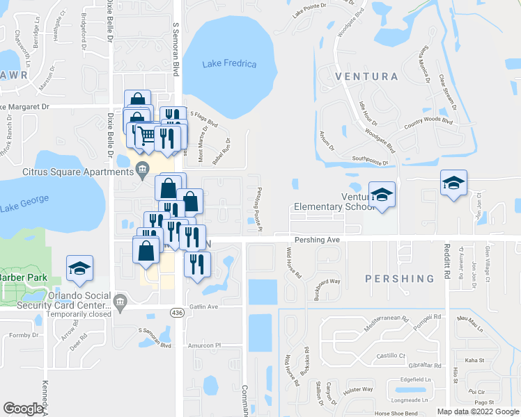 map of restaurants, bars, coffee shops, grocery stores, and more near 6003 Pershing Avenue in Orlando