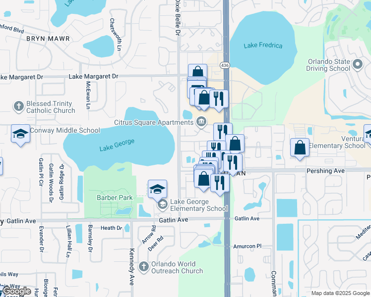 map of restaurants, bars, coffee shops, grocery stores, and more near 5530 Chrishire Way in Orlando