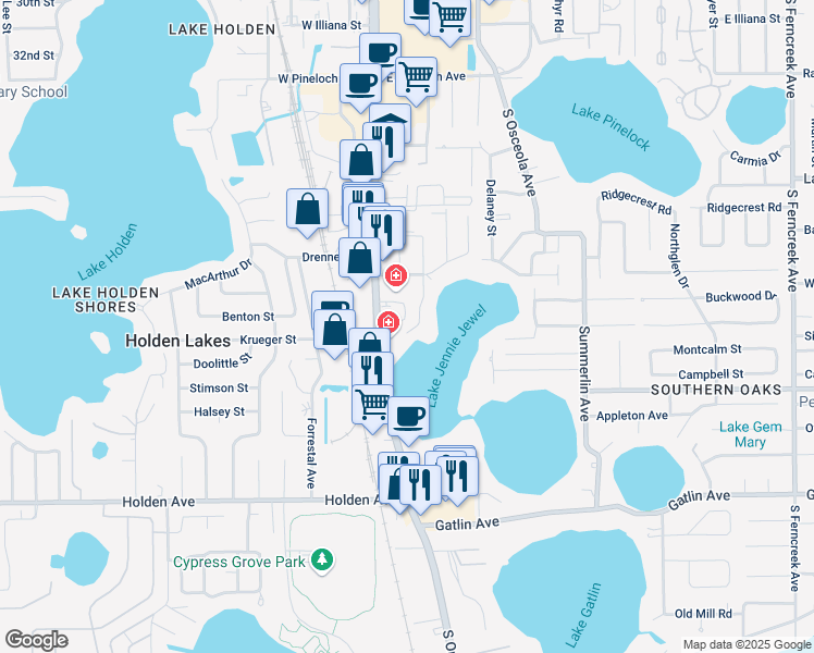 map of restaurants, bars, coffee shops, grocery stores, and more near 3861 Oakwater Circle in Orlando