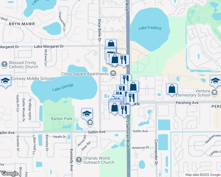 map of restaurants, bars, coffee shops, grocery stores, and more near 5530 Chrishire Way in Orlando