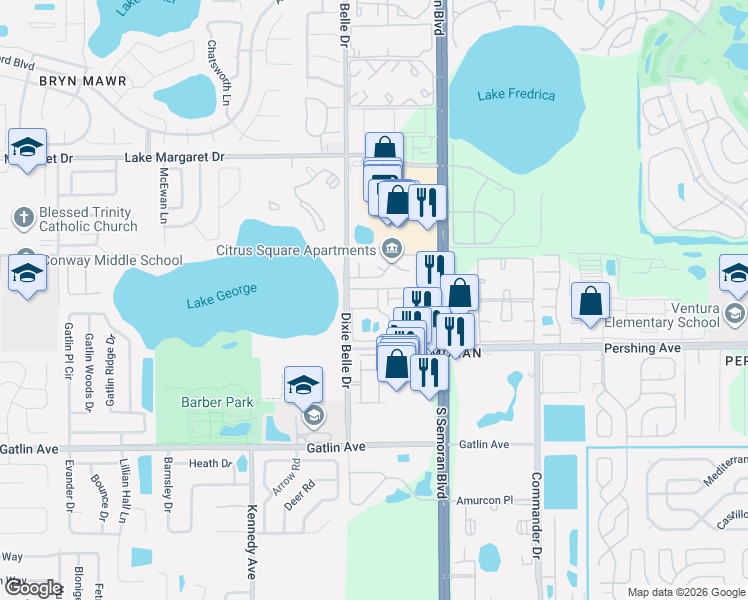 map of restaurants, bars, coffee shops, grocery stores, and more near 5530 Chrishire Way in Orlando