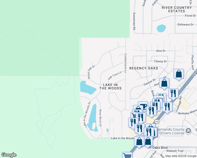 map of restaurants, bars, coffee shops, grocery stores, and more near 4603 Lake in the Woods Drive in Spring Hill