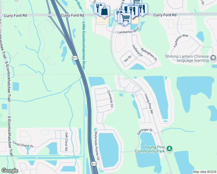 map of restaurants, bars, coffee shops, grocery stores, and more near 4082 Creswick Circle in Orlando