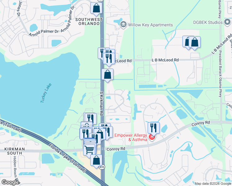 map of restaurants, bars, coffee shops, grocery stores, and more near 4277 Pinebark Avenue in Orlando
