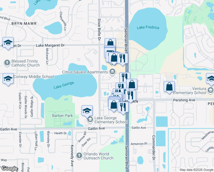 map of restaurants, bars, coffee shops, grocery stores, and more near 4200 Thornbriar Lane in Orlando