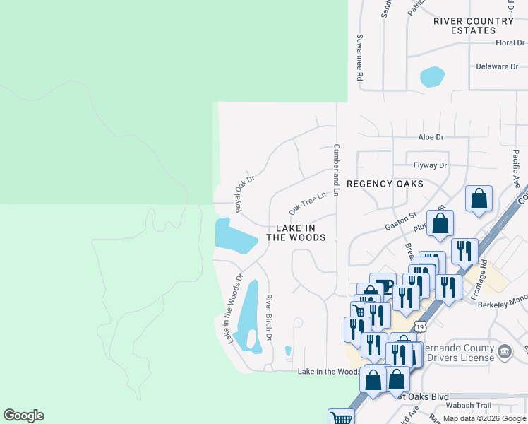 map of restaurants, bars, coffee shops, grocery stores, and more near 4603 Lake in the Woods Drive in Spring Hill