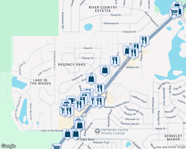map of restaurants, bars, coffee shops, grocery stores, and more near 5001 Plumosa Street in Spring Hill