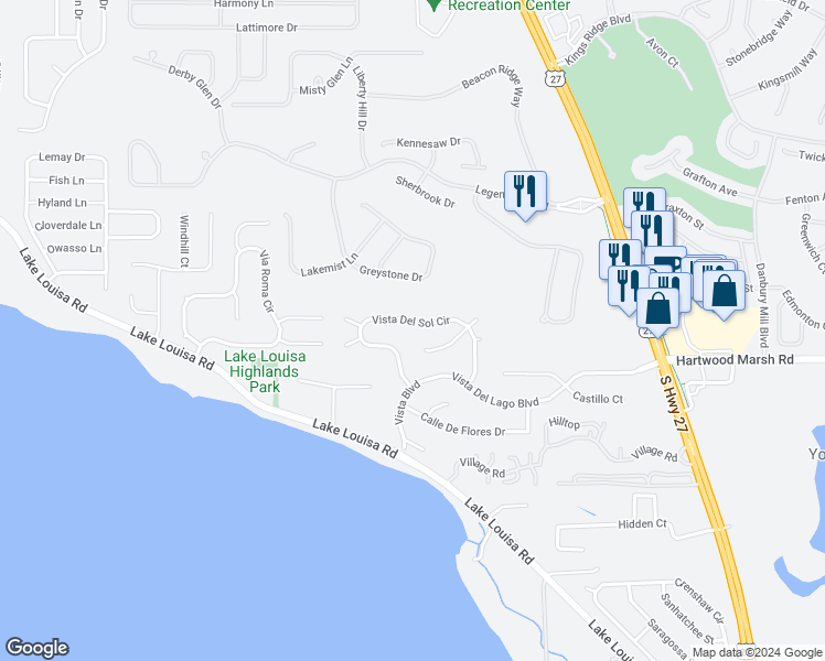 map of restaurants, bars, coffee shops, grocery stores, and more near 10647 Vista Del Sol Circle in Clermont