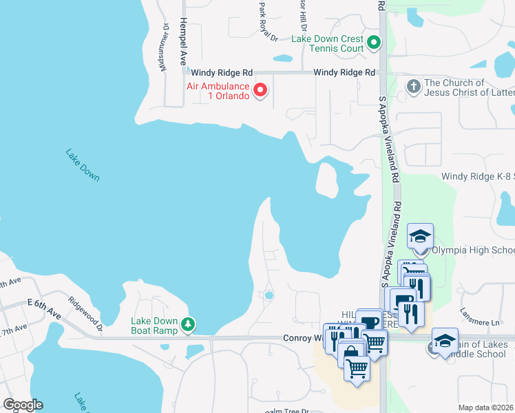 map of restaurants, bars, coffee shops, grocery stores, and more near 4200 Down Point Lane in Windermere