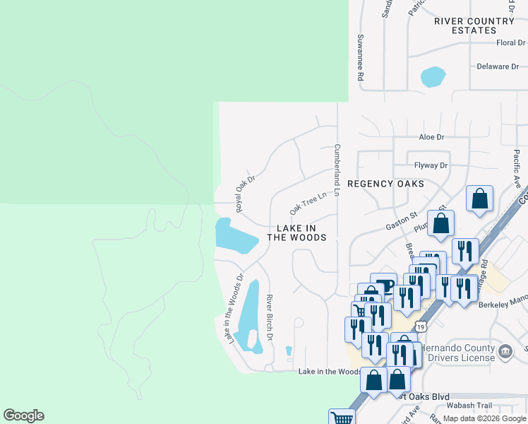 map of restaurants, bars, coffee shops, grocery stores, and more near 4624 Lake in the Woods Drive in Spring Hill
