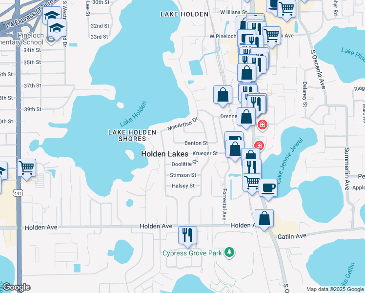map of restaurants, bars, coffee shops, grocery stores, and more near 332 Benton Street in Orlando
