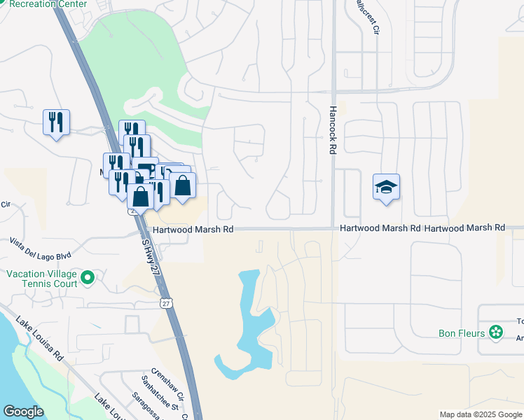 map of restaurants, bars, coffee shops, grocery stores, and more near 4306 Hammersmith Drive in Clermont