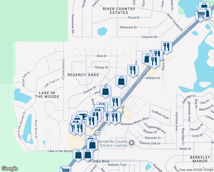 map of restaurants, bars, coffee shops, grocery stores, and more near 4498 Plumosa Street in Spring Hill