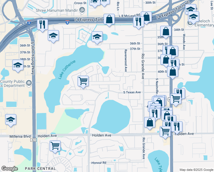 map of restaurants, bars, coffee shops, grocery stores, and more near 4026 Billingsgate Road in Orlando