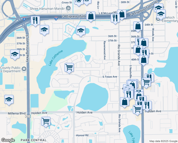 map of restaurants, bars, coffee shops, grocery stores, and more near 4213 Dunwoodie Boulevard in Orlando