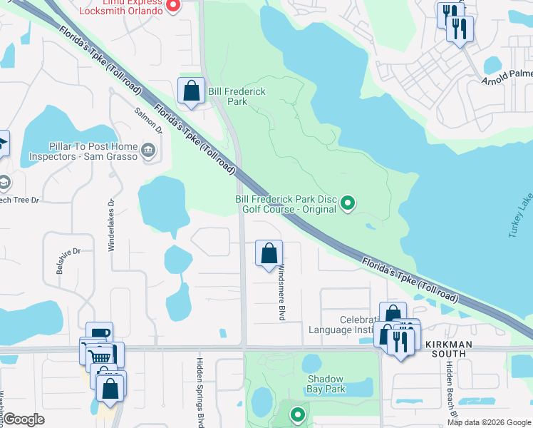 map of restaurants, bars, coffee shops, grocery stores, and more near Florida's Turnpike in Orlando