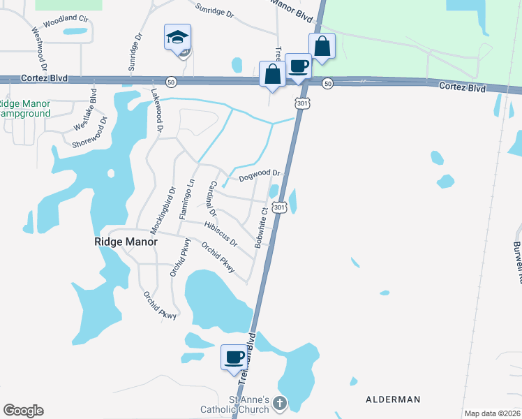 map of restaurants, bars, coffee shops, grocery stores, and more near 4965 Bobwhite Court in Dade City