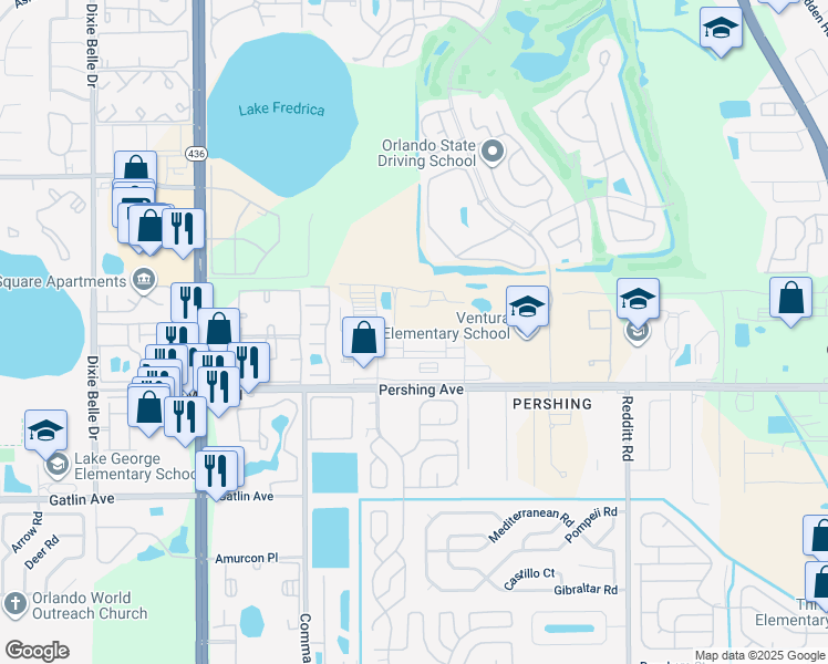 map of restaurants, bars, coffee shops, grocery stores, and more near 5971 Pershing Avenue in Orlando
