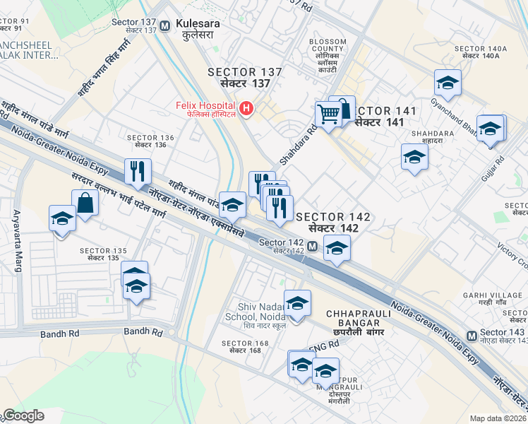 map of restaurants, bars, coffee shops, grocery stores, and more near Noida-Greater Noida Expressway in Noida