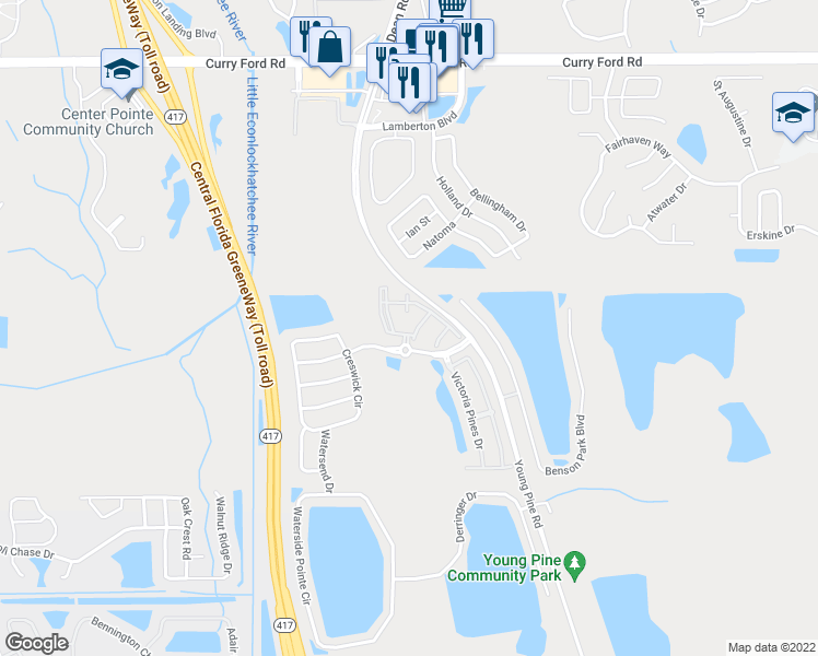 map of restaurants, bars, coffee shops, grocery stores, and more near 10201 Falcon Pine Boulevard in Orlando