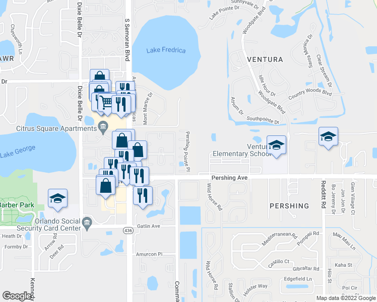 map of restaurants, bars, coffee shops, grocery stores, and more near 5971 Pershing Avenue in Orlando