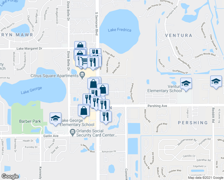 map of restaurants, bars, coffee shops, grocery stores, and more near 4217 South Semoran Boulevard in Orlando