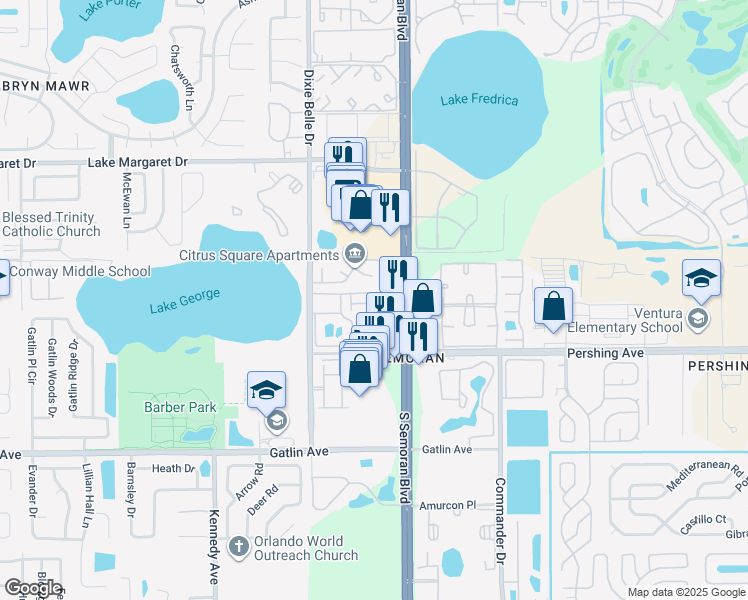 map of restaurants, bars, coffee shops, grocery stores, and more near 5635 Devonbriar Way in Orlando