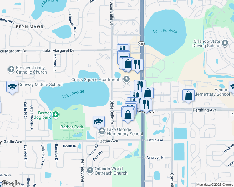 map of restaurants, bars, coffee shops, grocery stores, and more near 5545 Devonbriar Way in Orlando