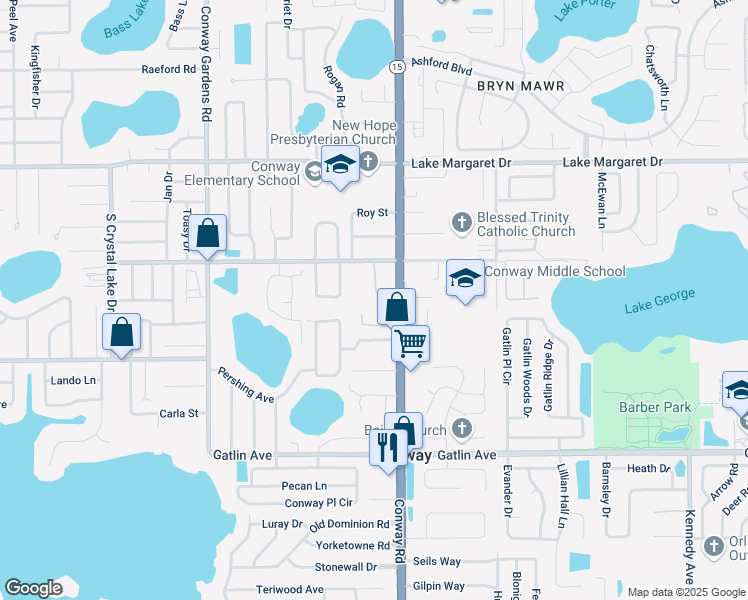 map of restaurants, bars, coffee shops, grocery stores, and more near 3420 South Conway Road in Orlando