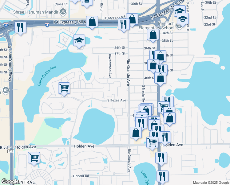 map of restaurants, bars, coffee shops, grocery stores, and more near 4068 Winford Circle in Orlando